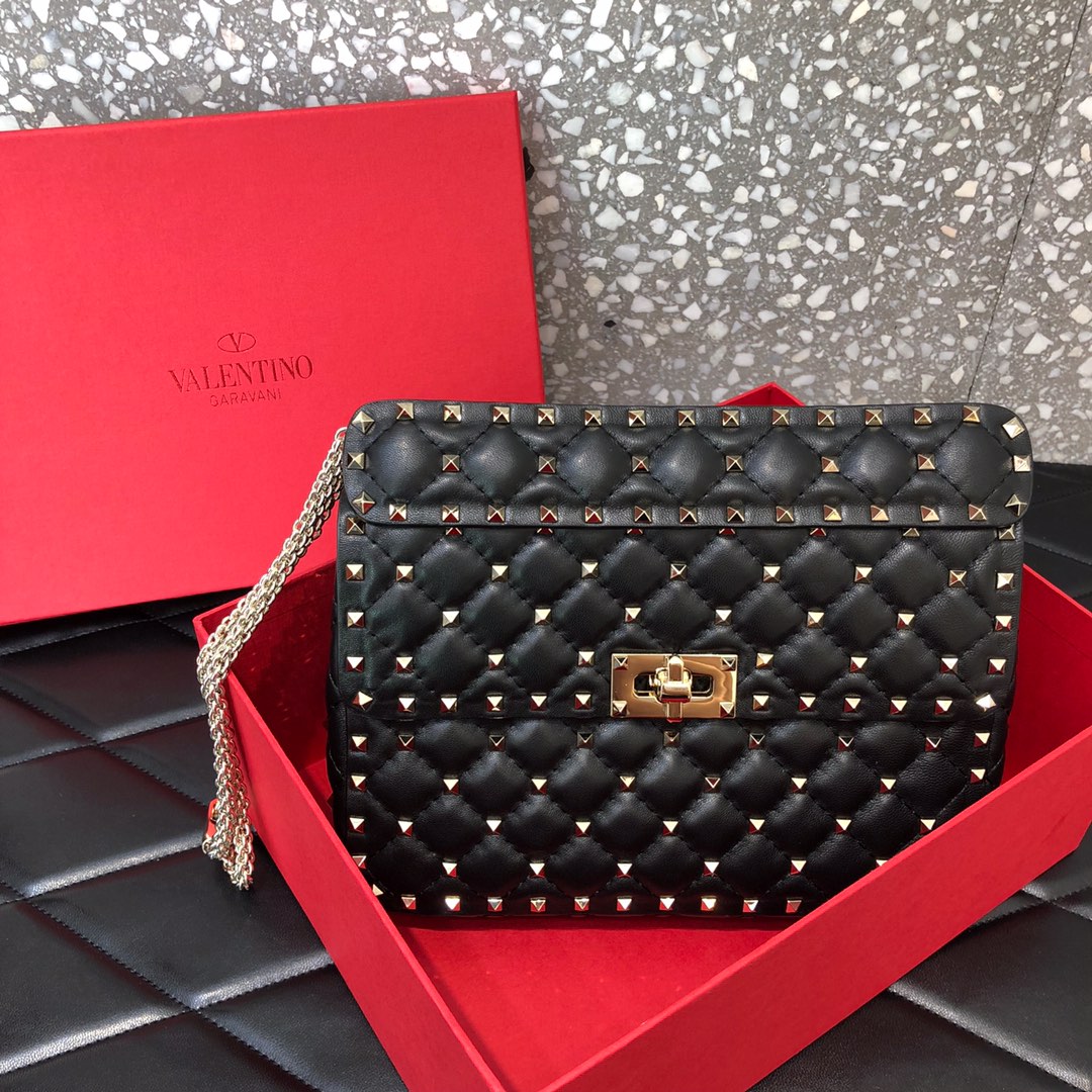 Valentino Garavani Rockstud Spike Medium Chain Bag in Black Supple Lambskin Nappa